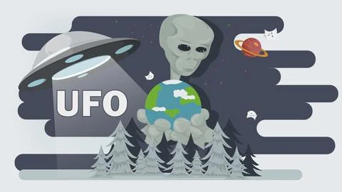 A flat illustration of an alien holding planet earth in his palms against a.. Stock Illustration