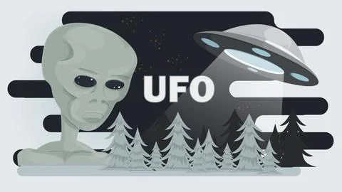 Flat illustration of an alien over a forest at night and a flying UFO Stock Illustration