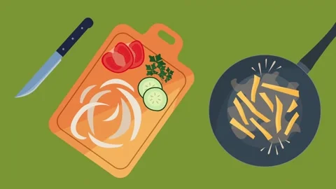 Flat illustration animation of cooking process with chopped fresh vegetable.. Video stock 339080699