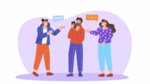 Flat illustration animation of three people having a group conversation Stock Footage 334572418