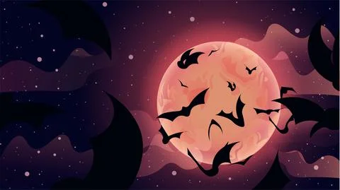 Flat illustration of bats flying up to the sky. Transylvanian landscape Stock Illustration
