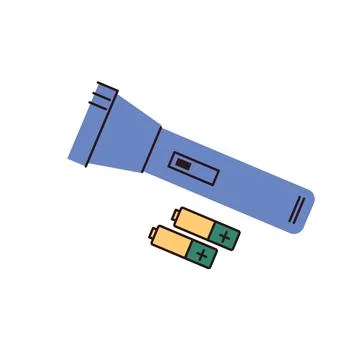 Flat illustration of a blue flashlight with two AA batteries. Minimal design Stock Illustration