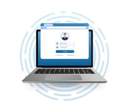 Flat illustration with blue user login laptop. Vector, flat design. Laptop Stockillustratie