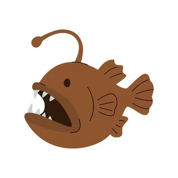 Flat illustration of a brown anglerfish with sharp teeth and a glowing lure Stock Illustration