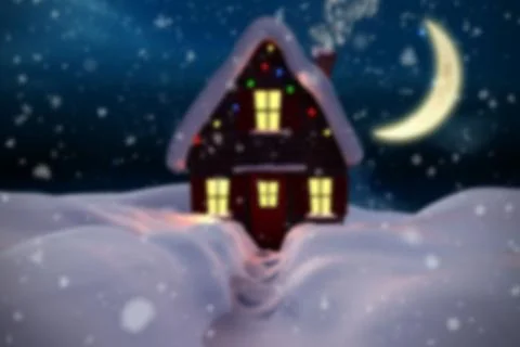 Flat illustration cabin is glowing through yellow windows under starry night sky イラスト素材