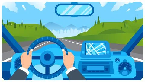 Flat illustration of car dashboard with driver hand on steering wheel Stock Illustration