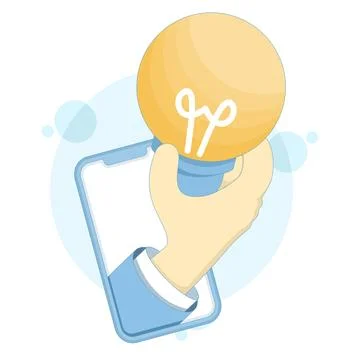 Flat illustration of a cell phone and a hand holding a light bulb Stock Illustration
