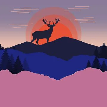 Flat Illustration of a colored drawing of silhouettes of a deer with antlers in Stock Illustration
