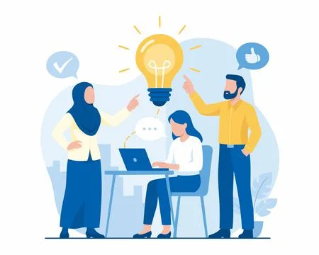 Flat Illustration of Creative Solution: Three Coworkers Generating a New Idea イラスト素材