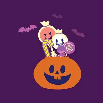 Flat illustration of a cute pumpkin-shaped Halloween basket filled Stock Illustration