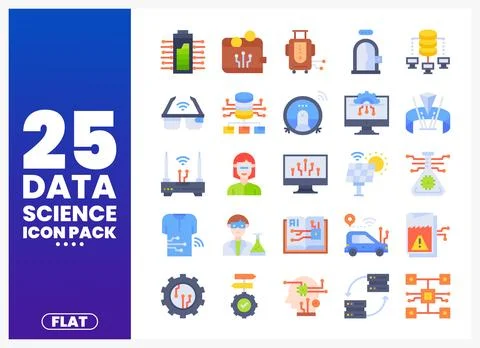 Flat illustration of data science icons on a white and blue background. sho.. Stock Illustration