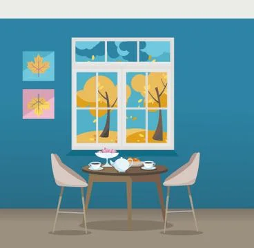 Flat illustration Dining table with chairs and coffee cups near window with a Stock Illustration