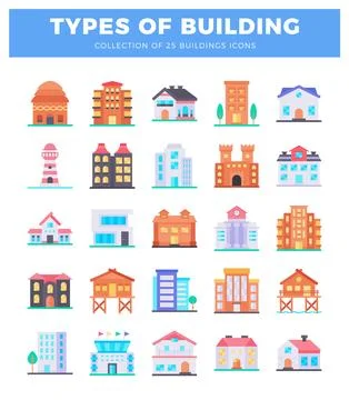 Flat illustration of diverse building types with a plain background. Ilustración de archivo