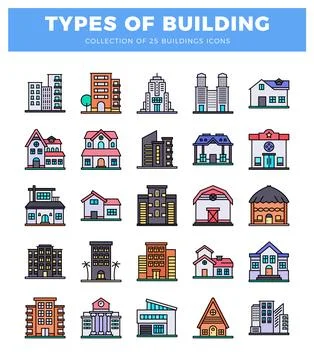 Flat illustration of diverse building types on white background. Architectu.. Ilustración de archivo