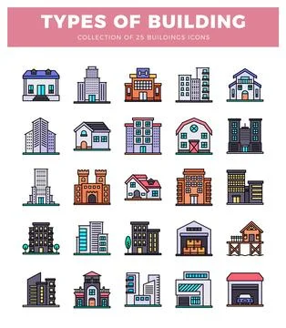 Flat illustration of diverse building types. varied architectural icons aga.. Ilustración de archivo