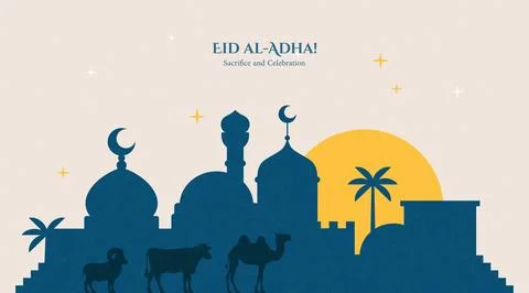 Flat illustration of Eid al-Adha with mosque silhouettes, sacrificial animals Stock Illustration