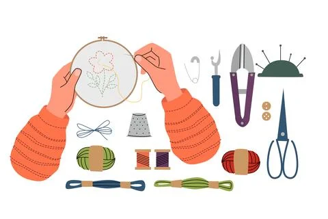 Flat illustration of embroidery tools and hands stitching a flower design in a Stock Illustration