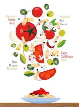 Flat illustration: falling ingredients of the pasta and sauce, cut into slice Stock Illustration
