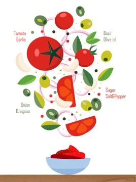Flat illustration: falling ingredients of the pizza sauce, cut into slices: o Stock Illustration