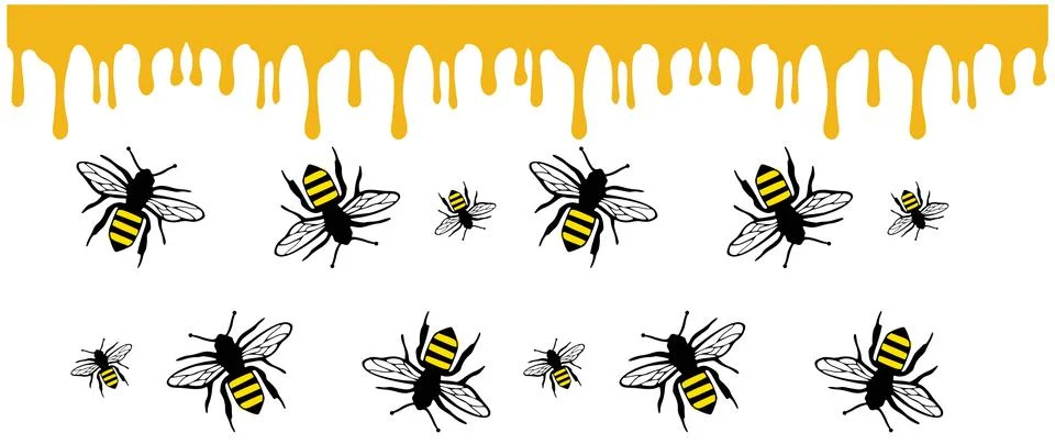 A flat illustration featuring honey drip border with bees with yellow honey d Stock Illustration