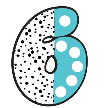 A flat illustration featuring number 6 with number 6, black specks, polka dot Stock-Illustration