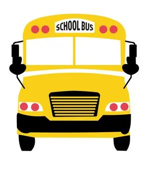 A flat illustration featuring school bus with windshield, side mirrors, headl Stock Illustration