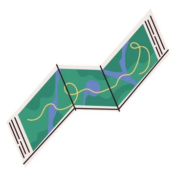 Flat illustration of a folded trail map with a yellow path line, green terrain Stock Illustration