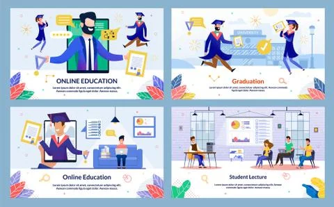 Flat Illustration Graduation, Student Lecture. Set Online Education. Students Stock Illustration