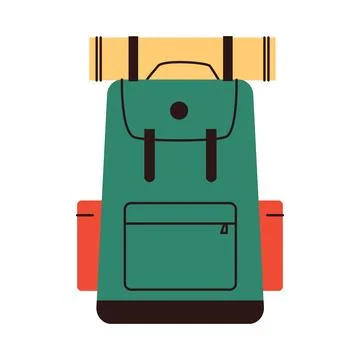 Flat illustration of a green camping backpack with red side pockets and a rolled Stock Illustration
