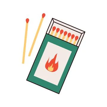 Flat illustration of a green matchbox with red-tipped matches and a flame icon Stock Illustration