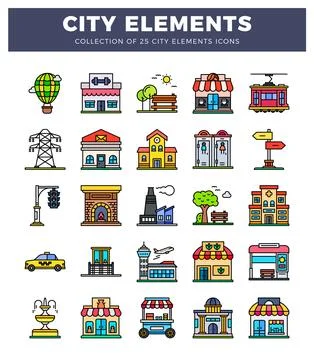 Flat illustration icons of city elements including buildings. transport. an.. Ilustración de archivo