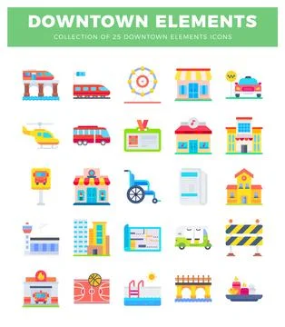 Flat illustration icons of urban elements and transportation 库存插图