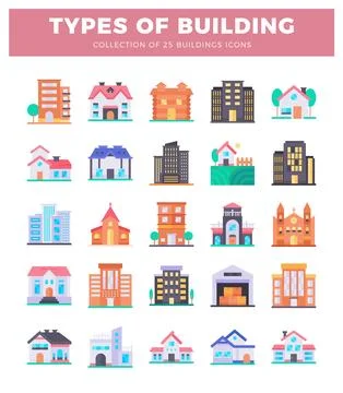Flat illustration icons of various building types. buildings icons. Ilustración de archivo