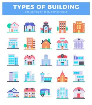 Flat illustration icons of various building types against a white background Ilustración de archivo