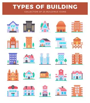 Flat illustration icons of various building types on a white background. Ilustración de archivo