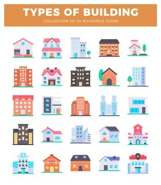 Flat illustration icons of various building types on white background Ilustración de archivo