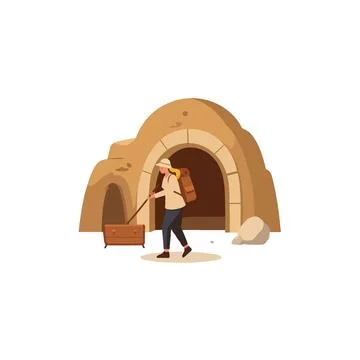 Flat illustration of an intrepid explorer venturing into a cave uncovering .. 스톡 일러스트