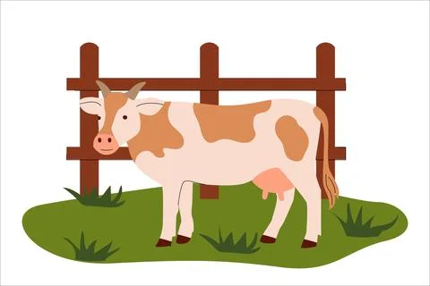 Flat illustration of a light brown spotted cow standing on green grass near a Stock Illustration