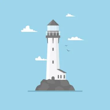 Flat illustration of lighthouse building and blue sky. Searchlight tower with Stock Illustration