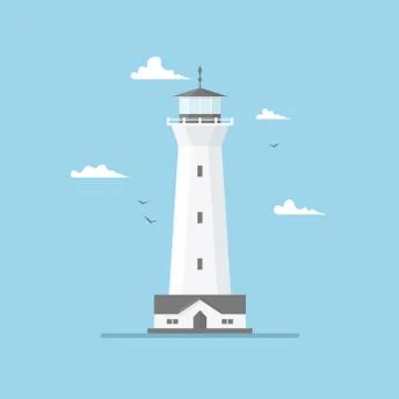Flat illustration of lighthouse building and blue sky. Searchlight tower with Stock Illustration
