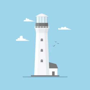 Flat illustration of lighthouse building and blue sky. Searchlight tower with Stock Illustration