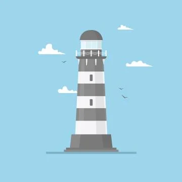 Flat illustration of lighthouse building and blue sky. Searchlight tower with Stock Illustration