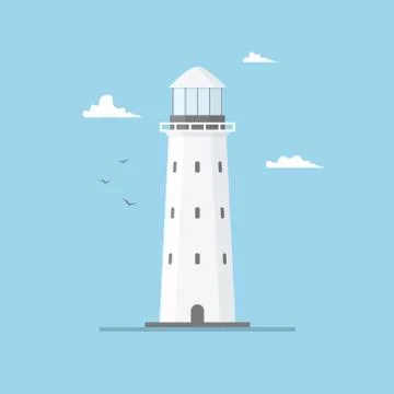 Flat illustration of lighthouse building and blue sky. Searchlight tower with Stock Illustration