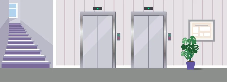 Flat illustration of lobby with two elevators Stock Illustration