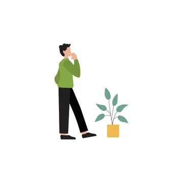 Flat Illustration of a Man Thinking Next to a Potted Plant イラスト素材