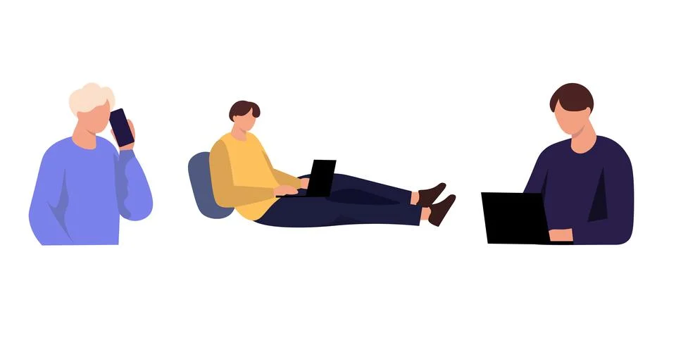 Flat Illustration of Men Working Remotely and Using Devices 库存插图
