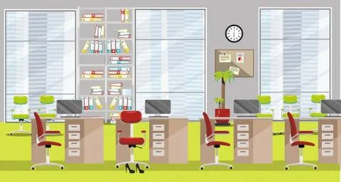 Flat illustration of modern office interior with 4 tables, claret chairs, lar Stock Illustration