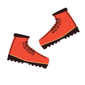 Flat illustration of a pair of red hiking boots with black soles and rugged Stock Illustration