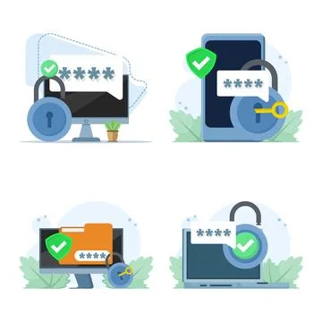 Flat illustration of PIN code protection system set Illustrazione stock