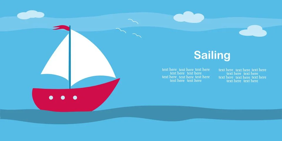 Flat illustration of a red sailing ship at sea with seagulls. Traveler s post Stock Illustration